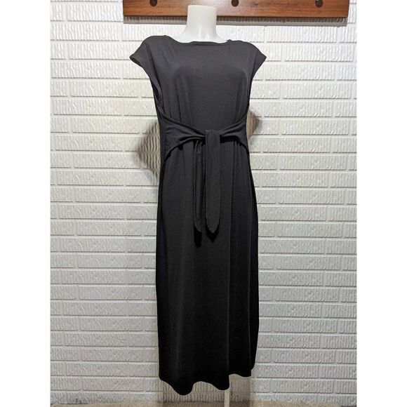 Eileen Fisher Women's Black Cap Sleeves Stretch Tie Front A-line Dress Size S/P - Picture 1 of 5